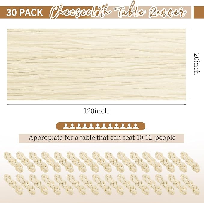30 Pack Ivory Table Runner 10Ft Cheesecloth Table Runner Boho Gauze Table Runners Romantic Long Sheer Fabric Cream Table Runners for Wedding Party Bridal Shower