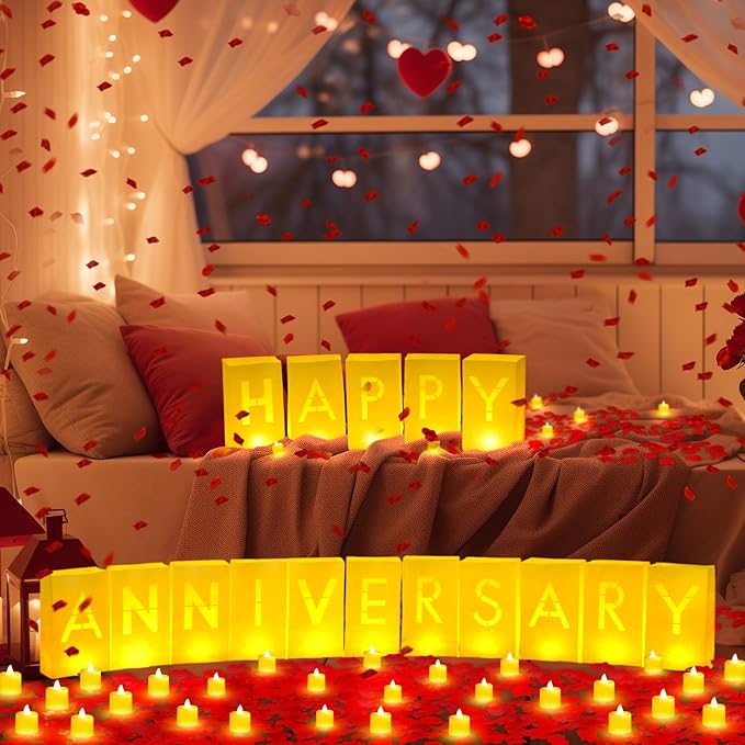 6088 Pcs Happy Anniversary Light up Letters with LED Flameless Tealight Candle Red Rose Petal Letter Luminary Paper Bag for Valentine's Day Decorations Proposal Romantic Special Night Decor