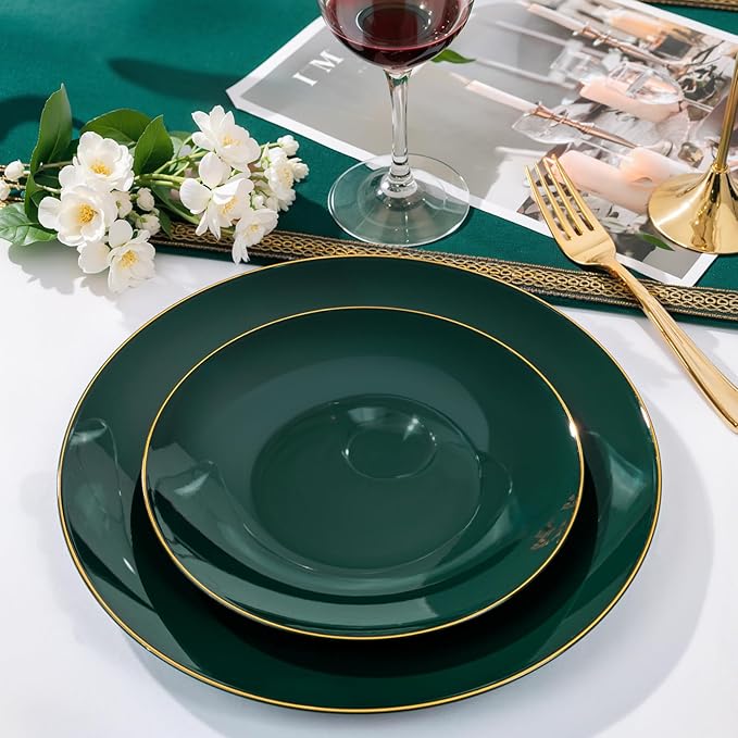 Nervure 100Pcs Green and Gold Plastic Plates - 10.25inch Disposable Green Dinner Plates - Heavy Duty Plastic Plate Ideal for Wedding & Party