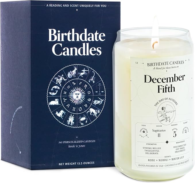 Birthdate Candles, December 5 - Sagittarius Zodiac Scented Candles Birthday Gift - Rose, Neroli & Water Lily Scent - All-Natural Soy & Coconut Wax, 60-80 Hour Burn Time - Made in USA