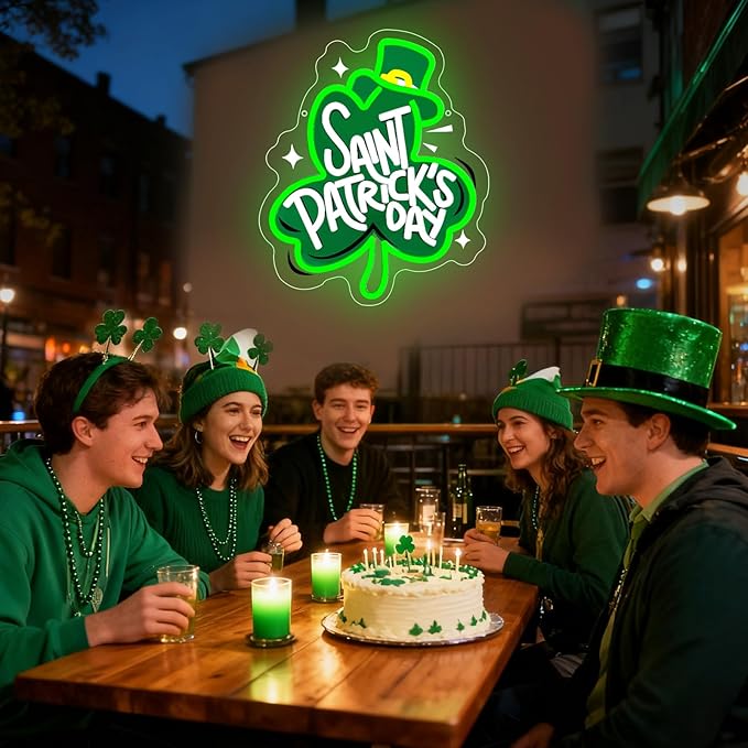 St Patrick's Day Neon Sign, Lucky Clover Happy St Patrick's Day Led Neon Light Signs for Wall Decor Party Favor Green Lucky Leaf Sign for Arbor Day Store Decorations Gift Dimmable USB Powered
