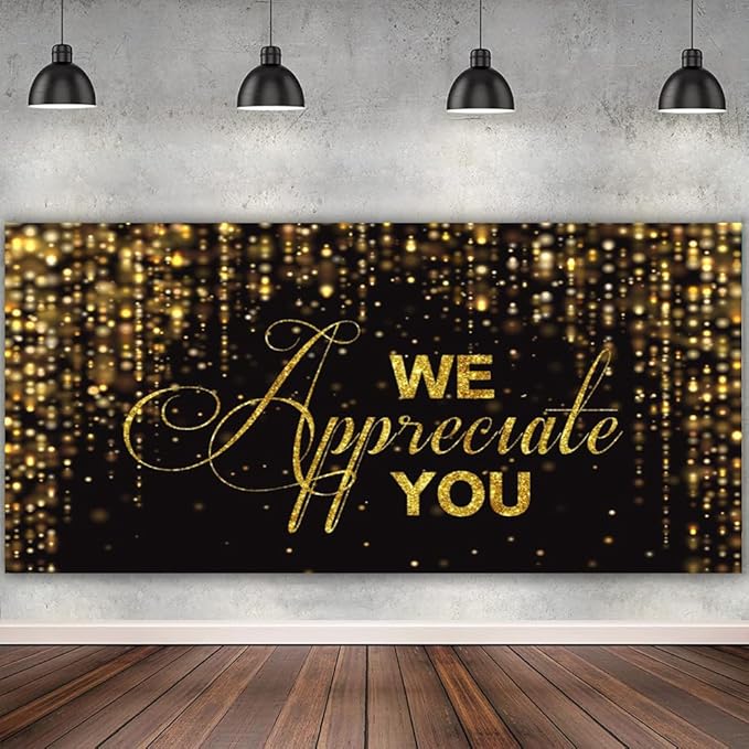 We Appreciate You Banner Backdrop 15x8ft Black Gold Employee Appreciation Decors Thank You for All You Do Background Banner Veterans Teacher Doctor Nurse Staff Appreciation Party Decorations