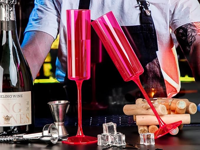 Ciaell 24 Pack Plastic Champagne Flutes - Hot Pink 6 Oz Disposable Champagne Glasses - Square Plastic Toasting Glasses for Party Birthday Anniversary Wedding & Valentine's Day
