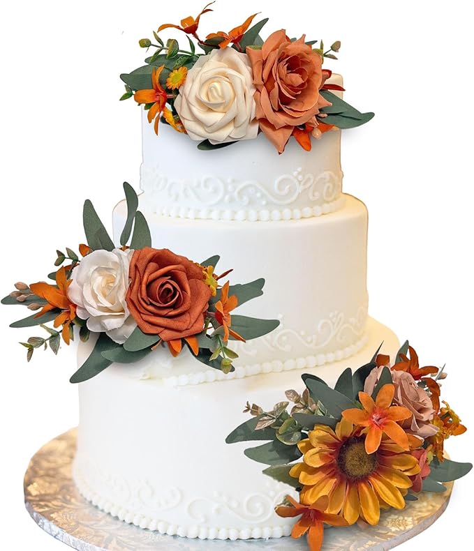 CherishedMoments 3Pcs Cake Topper Set, Wedding Artificial Flowers Decor Straw Yellow Sunflower Scheme Cake Topper Decorations for Wedding Ceremony Anniversary, Party Decor
