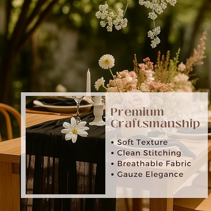12 Pack 10FT Cheesecloth Table Runner 120 Inch Rustic Boho Gauze Cheese Cloth Table Runner for Wedding Baby Shower Bridal Shower Birthday Party Home Decorations (Black, 10ft x 12pcs)