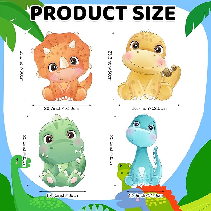 4 Pcs Large Dinosaur Party Decorations 23.6 Inch Cute Cartoon Dinosaur Cutouts Dino Baby Shower Birthday Decor Backdrop Photo Booth Props Party Supplies for Birthday Parties Decor