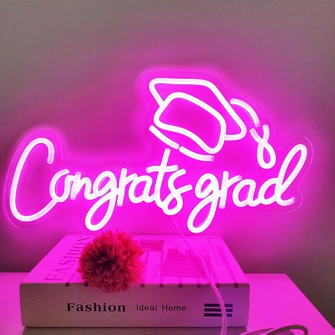 LED Acrylic Congrats Grad Neon Sign Dimmable Congrats Grad Banner Graduation Decorations Class of 2025 for Party Room Dorm Backdrop Celebration Gifts(Pink)