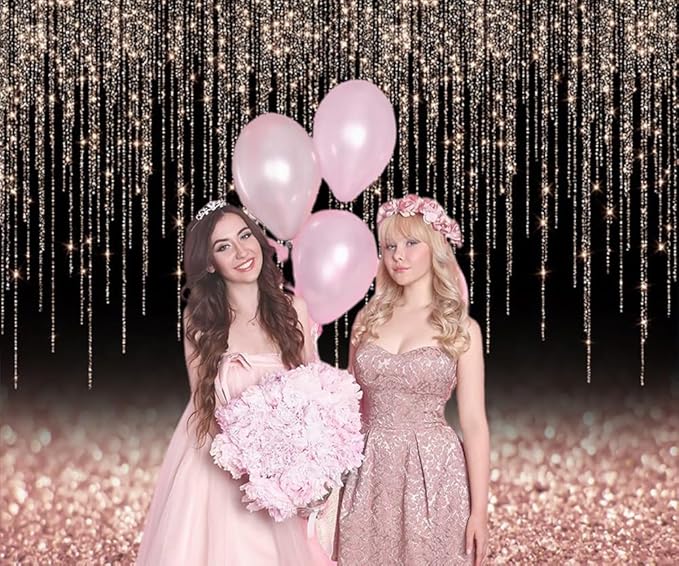 Black and Rose Gold Backdrop 10x8ft Glitter Photography Background for Girl Women Birthday Wedding Baby Shower Bridal Shower Graduation Backdrops Party Decoration Banner Photo Props