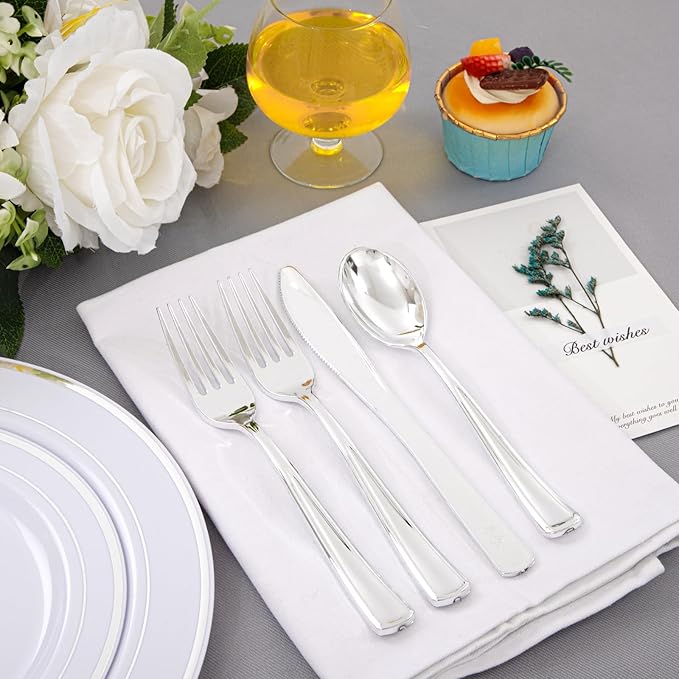 Supernal 360pcs Plastic Silverware Heavy Duty, Silver Disposable Silverware Sets for Parties,Plastic Forks and Spoons,Party Disposable Flatware Suit for Weddings, Birthday, Parties
