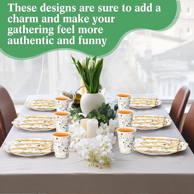 400 Pcs Sage Green Color Party Supplies Serve 50 Guests Eucalyptus Flowers Disposable Paper Plates Napkins and Cups for Bridal Baby Shower Birthday Wedding Party Decorations(Vivid)