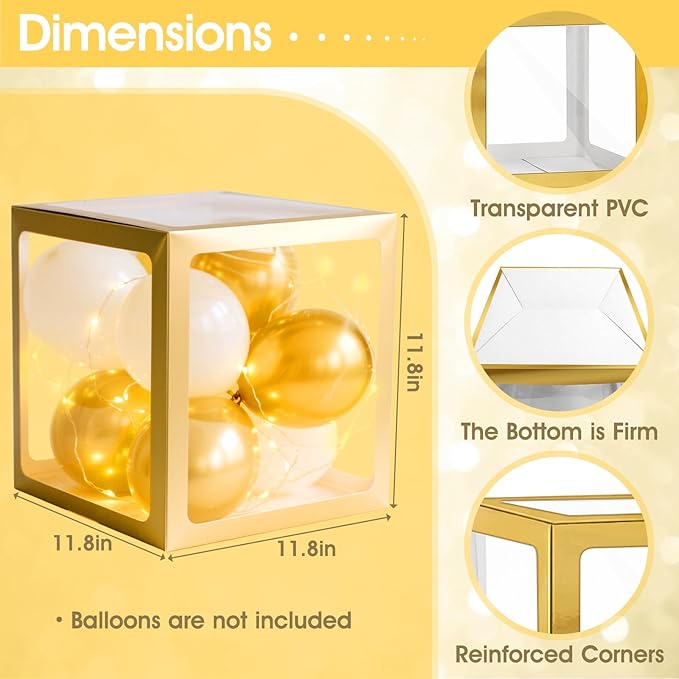 Ledido Transparent Balloon Boxes, Clear Balloon Boxes with 6 Pcs String Lights and 78 Letters for Baby Shower Gender Reveal 2026 New Year Grad Party Birthday Anniversary Bridal Decor - 6 Gold Boxes