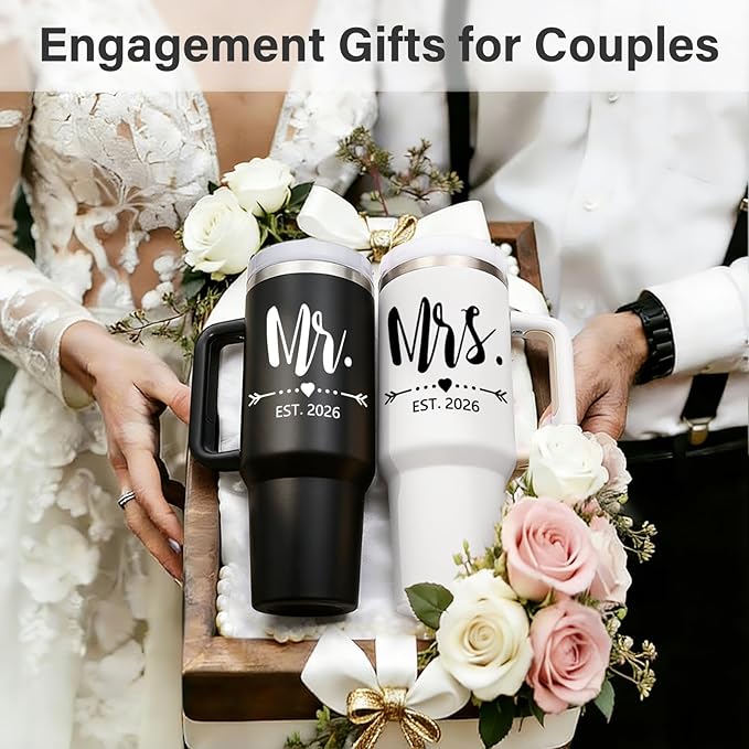 Qtencas Mr and Mrs Gifts, Wedding Gifts for Couples 2026, Mr & Mrs Insulated Tumblers Set, Anniversary Engagement Wedding Gift for Newlyweds Couples Bride and Groom (Black & White)