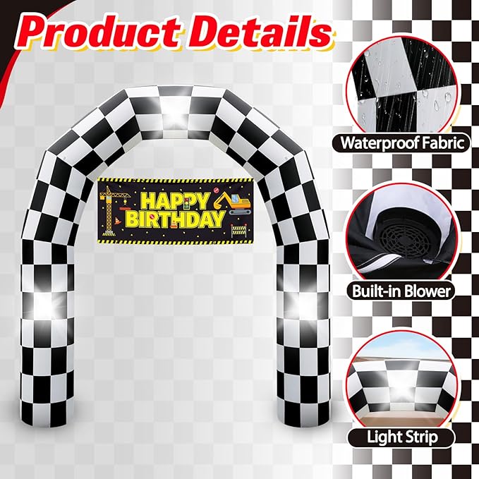 8FT Black and White Checkered Outdoor Race Car Inflatable Arch with Happy Birthday Banner, Blow Up Racing Party Decoration with Built-in 3 LED Lights for Race Car Themed Birthday Party Lawn Yard Decor
