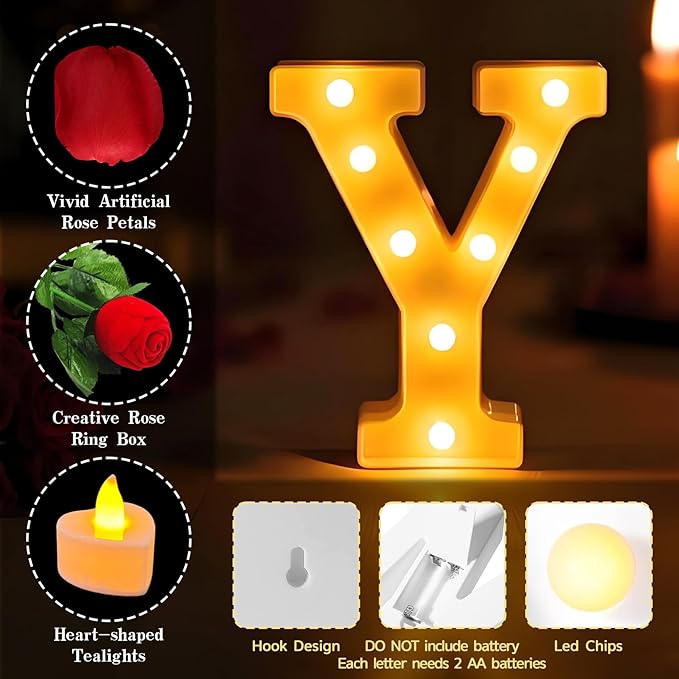 Marry Me Light Up Letters, with 30 Tea Lights Candles, Rose Petals, Aluminum Balloons, Balloons, Red Carpet, Rose Ring Box, Double Sided Tape, Valentine's Day Proposal Engagement Wedding Decorations