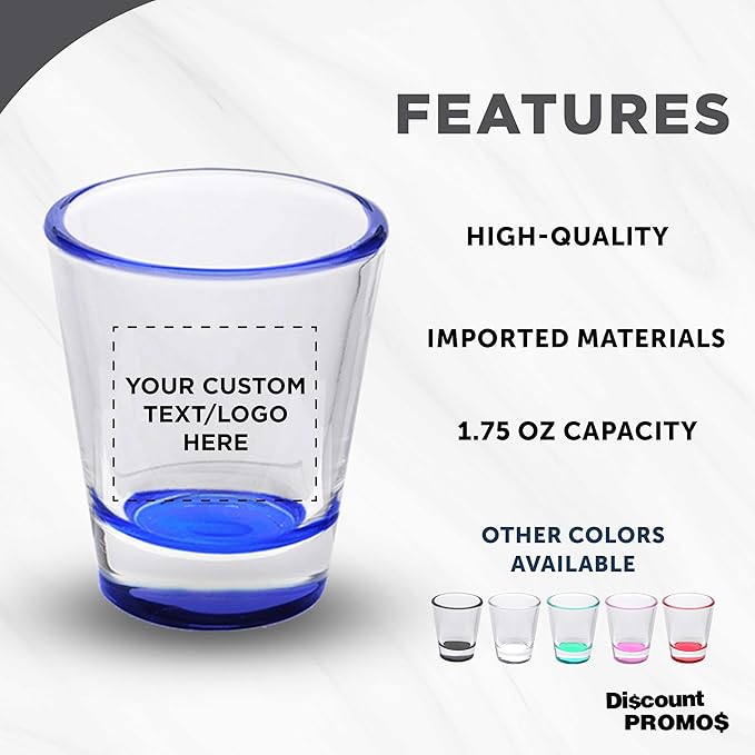 DISCOUNT PROMOS Custom Shot Glasses 1.75 oz. Set of 10/50/100, Personalized Bulk Pack - Great for Wedding Favors, Bachelorette Decorations, Party Favors - Blue Bottom Color
