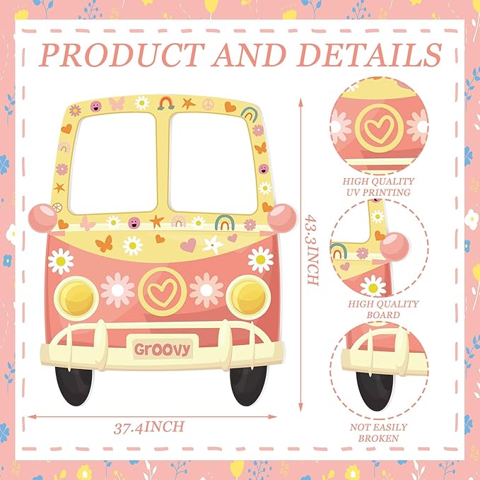 Teling Hippie Bus Photo Booth Prop 43.31 x 37.4 Inch 1960s Hippie Selfie Frame Backdrop Background Banner 60s 70s Retro Large Groovy Van Prop Party Birthday Decor Daisy Party Favor