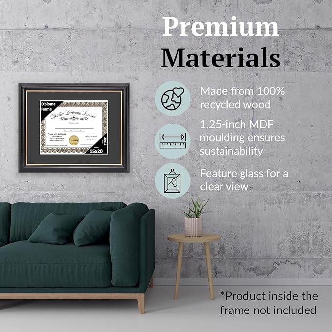 Creative Picture Frames 15" x 20" Rockefeller Black with Gold Rim Diploma Frame, Displays 15" x 20" Certificate or 18" x 22" Document without Mat, College Degree Frame, Full-Strength Glass, Black Mat
