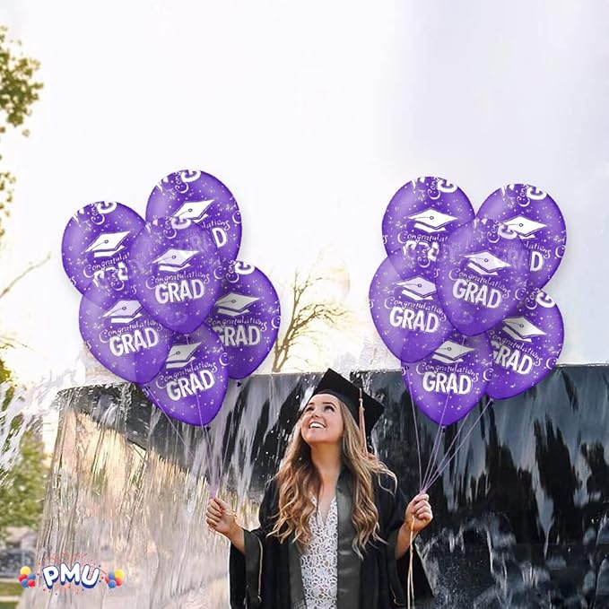 PMU 100 Pcs Crystal Purple Graduation Balloons Class of 2025 with All-Over Print White Grad Caps-Confetti and Streamers | Graduation Party Supplies | Congratulations Grad Latex Balloons Latex
