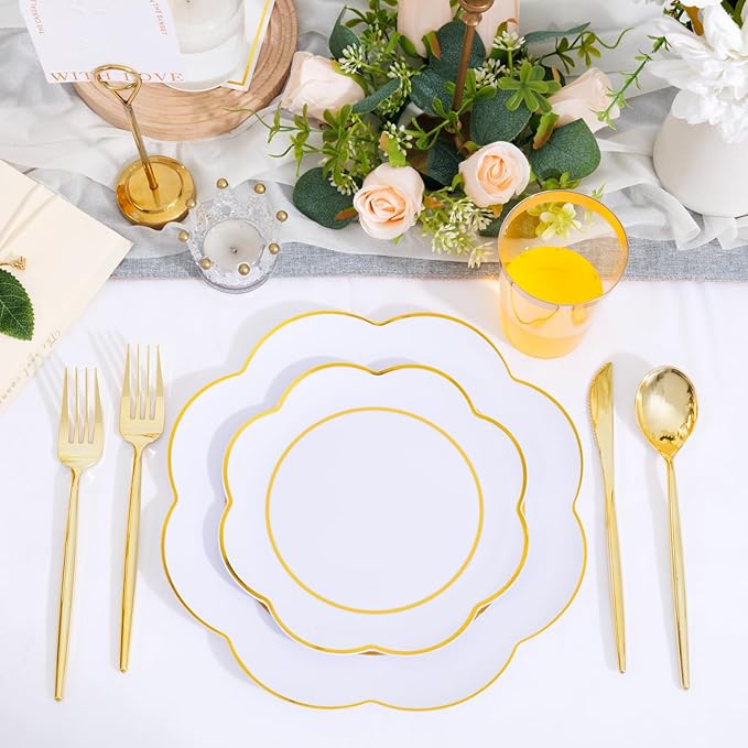 EI 180pcs White Plastic Plates with Gold Plastic Silverware,Heavy-Duty Disposable Plates for Party,White Dinnerware Set for 30 Guest Wedding,Afternoon Tea,Spring,Mother's/Valentine's Day