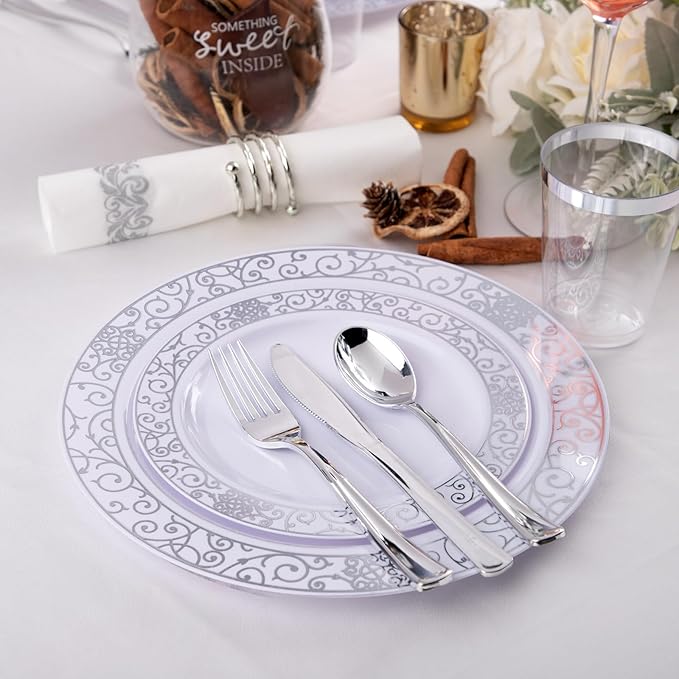 LIYH 700 Pcs Silver Plastic Disposable Dinnerware Set for 100 Guests - Plastic Plates for Party Includes Disposable Plates, Cups, Wedding Napkins and Cutlery Elegant White & Silver