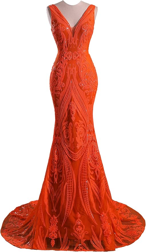 Women's Double V-Neck Sequins Lace-up Mermaid Evening Dress