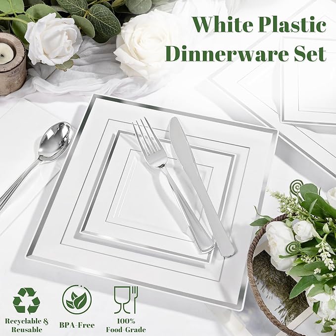 Festiva 350Pcs Silver Plates - Silver Square Plastic Plates 9 .5" and 6" - serve for 50 guests include 50 Cups 50Plastic Cutlery 50Hand Napkins Perfect for Party&Wedding&Birthday