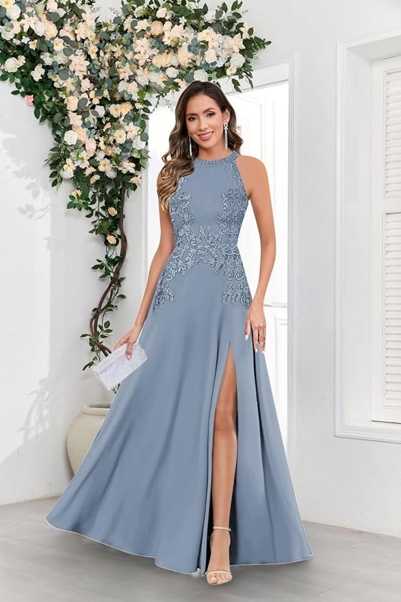 GUKARLEED Halter Lace Appliques Mother of The Bride Dresses for Women Long A-line Formal Wedding Guest Dress with Slit