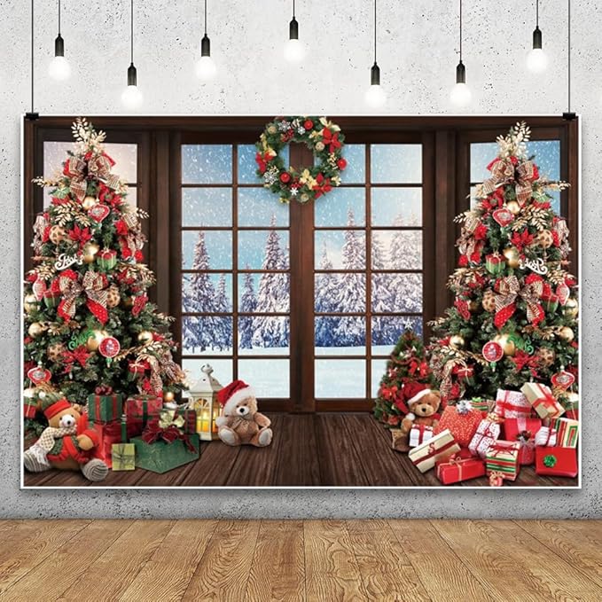 Leowefowa 8x6ft Christmas Backdrop Snow Scenery Nature Forest Christmas Tree Background Winter Vintage Window Merry Festival Family Decor Party Banner Photo Supplies Prop
