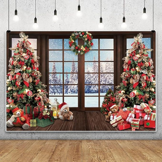 Leowefowa 8x6ft Christmas Backdrop Snow Scenery Nature Forest Christmas Tree Background Winter Vintage Window Merry Festival Family Decor Party Banner Photo Supplies Prop