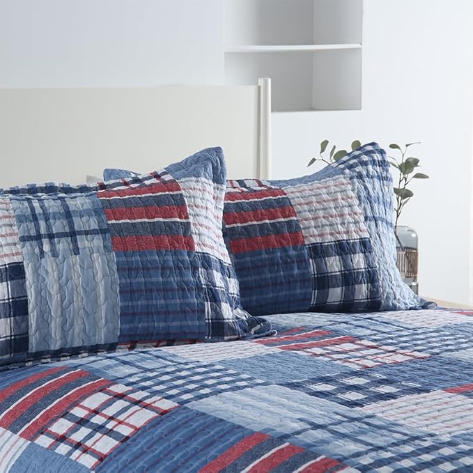Cotton Bedding Quilt Sets Reversible Real Patchwork Coverlet Sets All Season Blue Bedspread, Plaid Patchwork Pattern,Queen Size