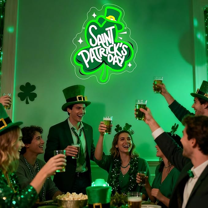 St Patrick's Day Neon Sign, Lucky Clover Happy St Patrick's Day Led Neon Light Signs for Wall Decor Party Favor Green Lucky Leaf Sign for Arbor Day Store Decorations Gift Dimmable USB Powered