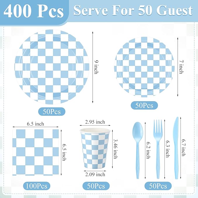 Pickmesh 400 Pcs Blue and White Checkered Party Decorations Set Light Blue Gingham Disposable Paper Plates Napkins Cups Cutlery Plaid Party Decorations for Baby Shower Wedding Birthday Serve 50