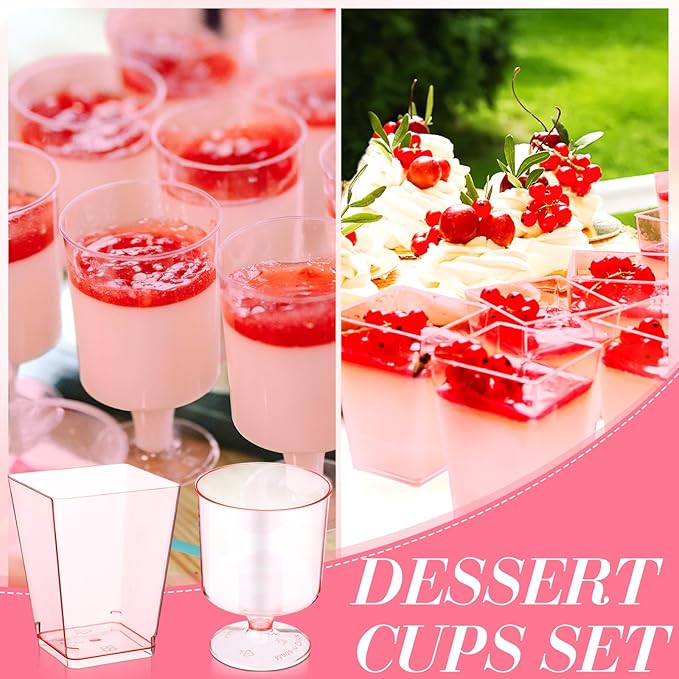 300 Pcs Dessert Cups with Spoons Mini Clear Plastic Dessert Parfait Cup Round Goblet Square Glasses Plastic Spoons for Fruit Ice Cream Cake Wedding Party Supplies (Pink)