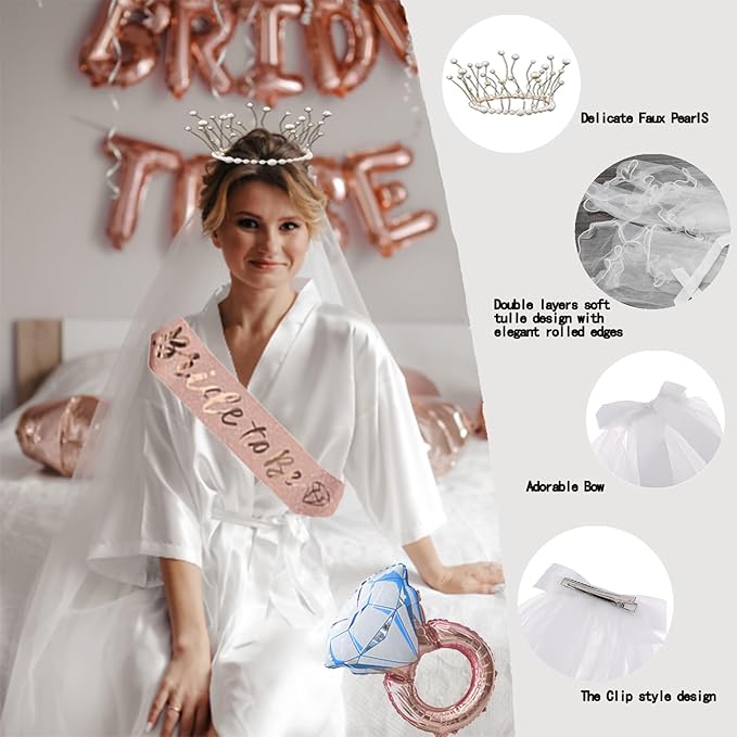 224 Pcs Rose Gold Bachelorette Party Decorations for Bride, Bridal Shower Party Supplies Set with "Bride To Be" Banner, Veil, Tiara, Sash, Balloons, Tableware and Photo Props