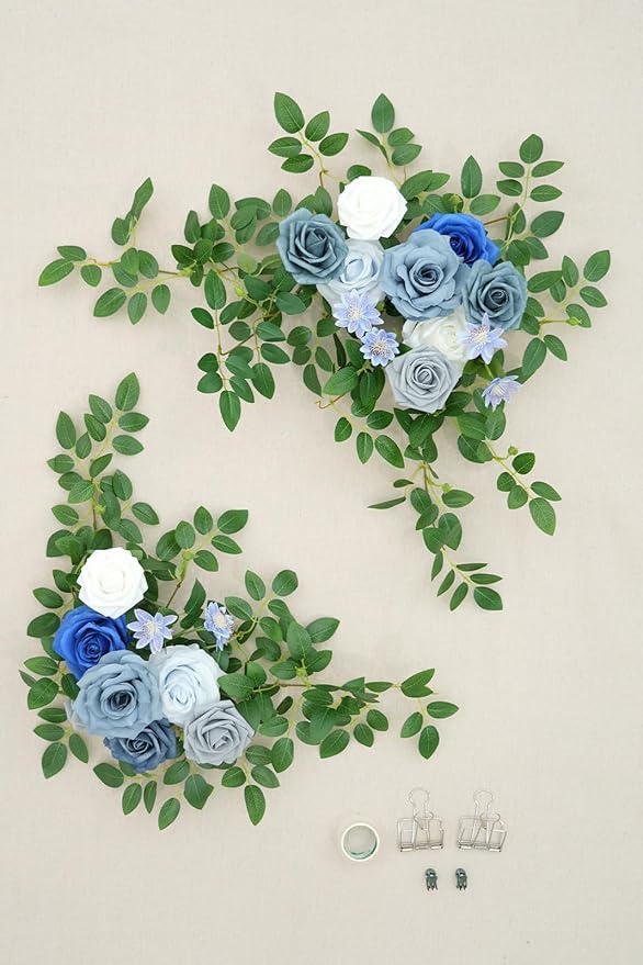 2pcs Blue & Grey Deluxe Welcome Sign Artificial Flowers Wedding Backdrop Garland Hanging Floral Arrangements for Ceremony Reception Entryway Board Sweetheart Table