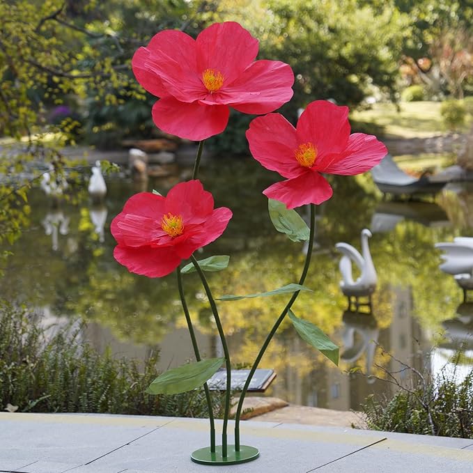 Large Paper Artificial Flowers,Giant Flowers for Decoration,Huge Handcrafted Poppy Fake Flowers with Stand for Home Decor Bridal Shower Party Outdoors Yard Event Backdrop Decor (red)