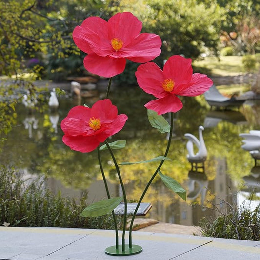 Large Paper Artificial Flowers,Giant Flowers for Decoration,Huge Handcrafted Poppy Fake Flowers with Stand for Home Decor Bridal Shower Party Outdoors Yard Event Backdrop Decor (red)