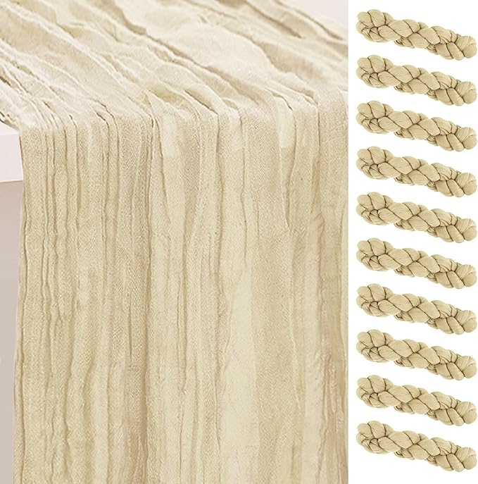10 Pack Beige Cheesecloth Table Runner 35x120 Inch 10Ft Rustic Gauze Cheese Cloth Table Runner Sheer Cheesecloth Table Runners for Wedding Party Bridal Shower Decoration