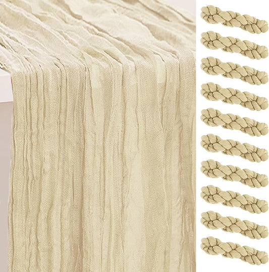 10 Pack Beige Cheesecloth Table Runner 35x120 Inch 10Ft Rustic Gauze Cheese Cloth Table Runner Sheer Cheesecloth Table Runners for Wedding Party Bridal Shower Decoration