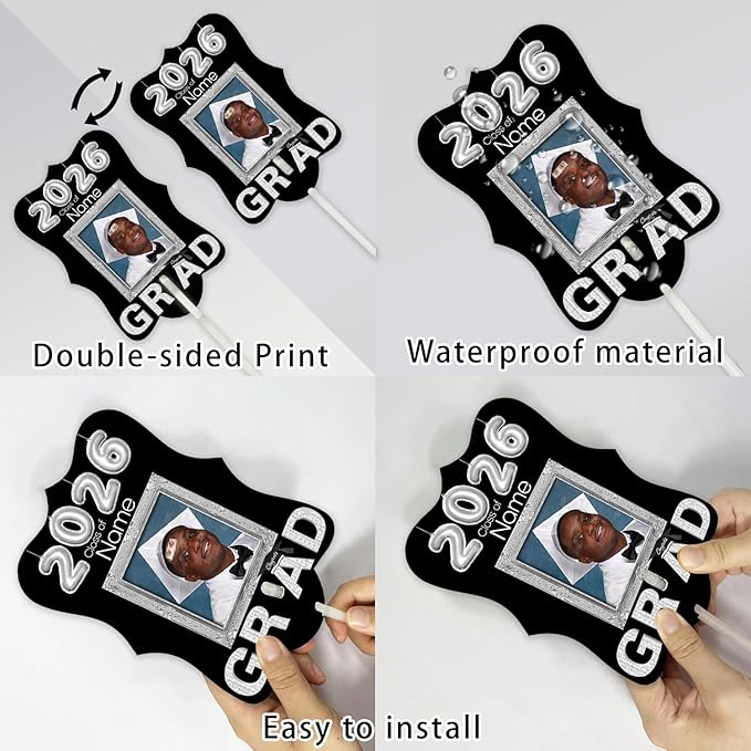 Personalized Graduation Double Sided Face Fan Class of 2026 Customized Graduation Head Face Cutout with Handle Fun Photo Prop Supplies(A-Black and Silver,24pcs)