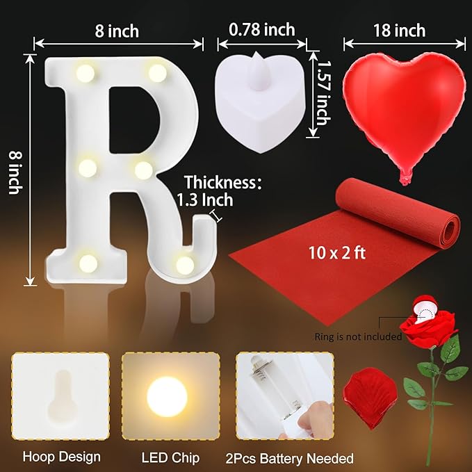 Marry Me Light Up Letters Proposal Decorations Marry Me Sign 24 LED Candles 2000 Rose Petals 10 Foil Balloon 10ft Carpet Runner Rose Ring Box for Valentine's Day Wedding Proposal Engagement (Warm)