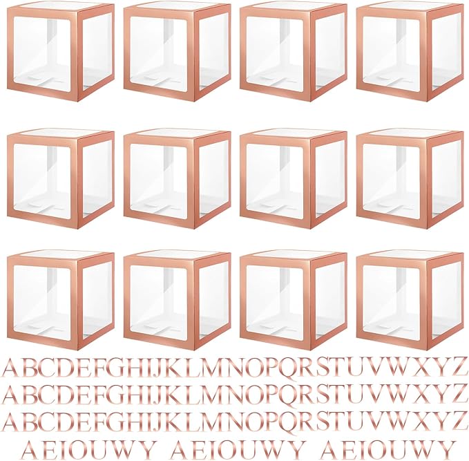 Thyle 12 Pcs Transparent Balloon Boxes Clear Balloon Boxes with 99 Letters for Baby Shower Gender Reveal Grad Birthday Party Bridal Wedding Anniversary Backdrop Decoration (Rose Gold)