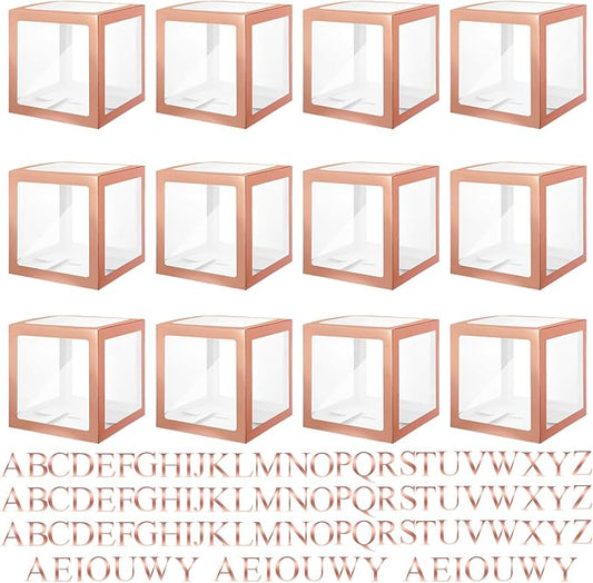 Thyle 12 Pcs Transparent Balloon Boxes Clear Balloon Boxes with 99 Letters for Baby Shower Gender Reveal Grad Birthday Party Bridal Wedding Anniversary Backdrop Decoration (Rose Gold)