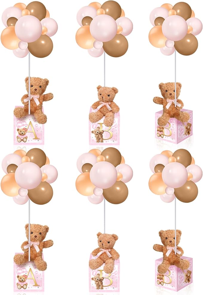 Lenwen 6 Sets Baby Letter Boxes Decorations Table Centerpieces for Baby Shower Gender Reveal,Bear Stuffed Animals Balloon with Stand Plush Toy Boxes for Birthday Party Wedding(Bear,Pink)