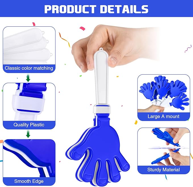 Junkin 200 Pcs Hand Clappers Bulk 7. 5 x 3. 5 Inches Noise Makers Party Favors Clapping Noise Maker Clacker for Birthdays Game Prizes Rewards Football Sporting Events Cheers Supplies (Blue,White)