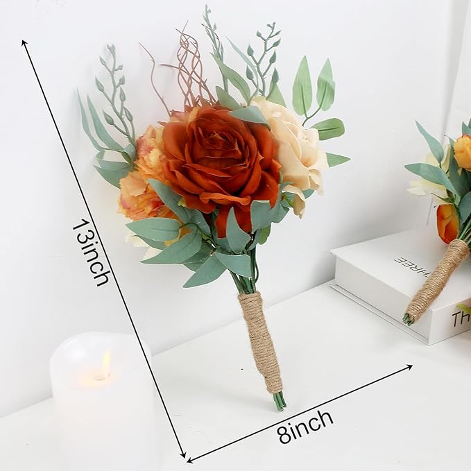Bridesmaid Bouquets for Wedding - Set of 4 Artificial Flowers Small Bouquet for Fall Marriage Proposal Party Ceremony Anniversary Dining Table Centerpieces - Burnt Orange, 7 Inch