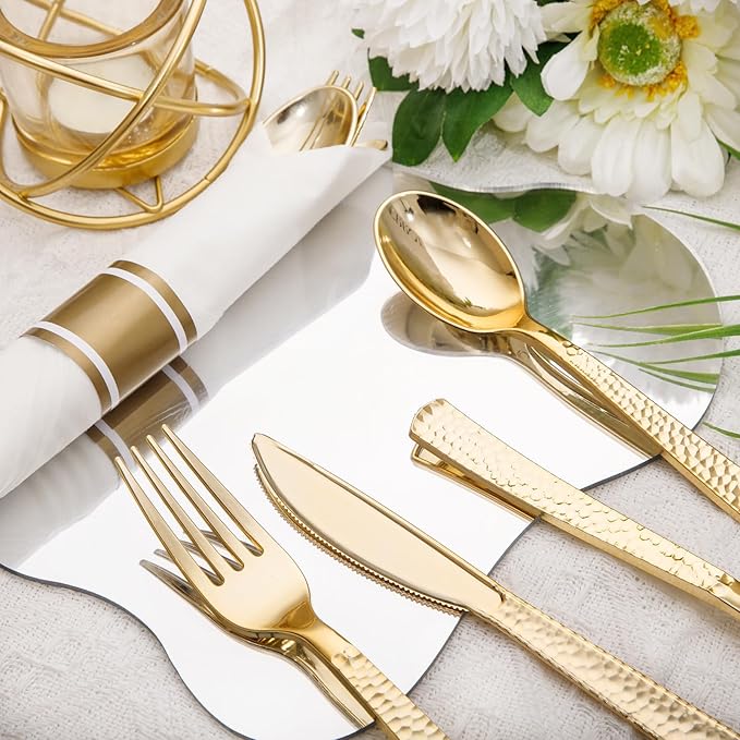 Nervure 400PCS Pre Rolled Gold Plastic Silverware Sets - Heavy Duty Hammered Gold Cutlery Include 100 Pack Wrapped Disposable Utensils with Napkins for Parties, Dinners & Weddings
