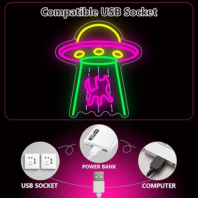 Cat Neon Sign, UFO Cat Spaceship Space Travel Led Neon Light Signs Cat Night Lamp for Astronomy Game Room Man Cave Party Decorations Bedroom Birthday Gift USB Powered(14.4” x 12.6")