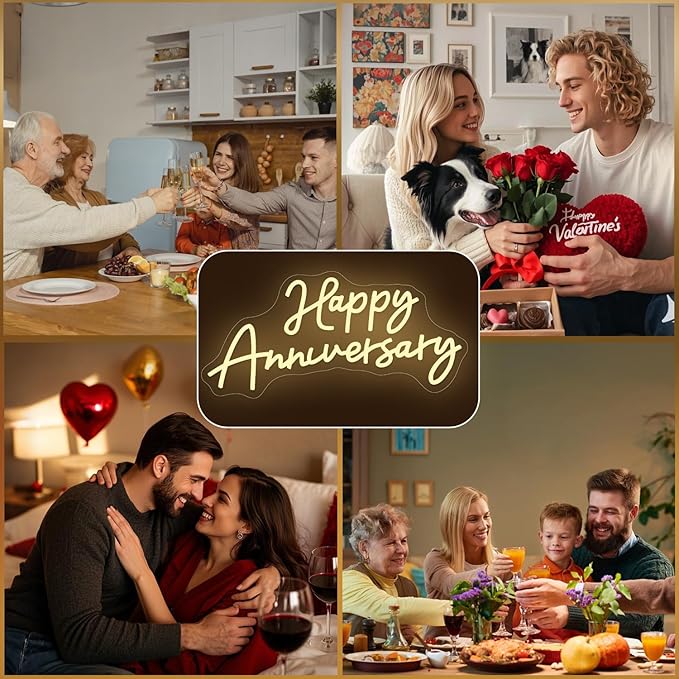 Large Happy Anniversary Banner Led Neon Signs for Wall Decorations 23"×11" Wife Husband Parents Wedding Happy Anniversary Sign for12 36 45th Birthday Party Romantic Decor Backdrop
