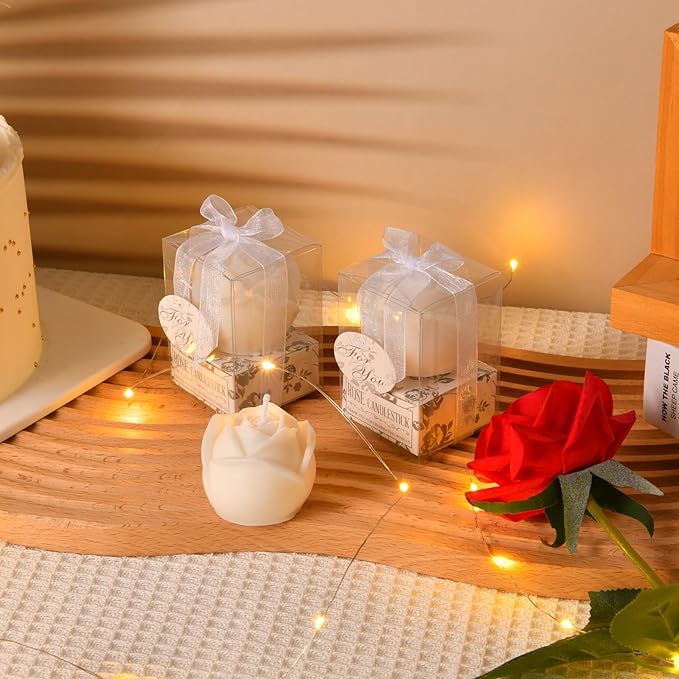 50Set White Rose Flower Shape Candle Bulk Wedding Party Favors Romantic Handmade Delicate Candles with Gift Box, Wedding Candle Gift for Guests Return Souvenirs Bridal Anniversary Birthday Decoration